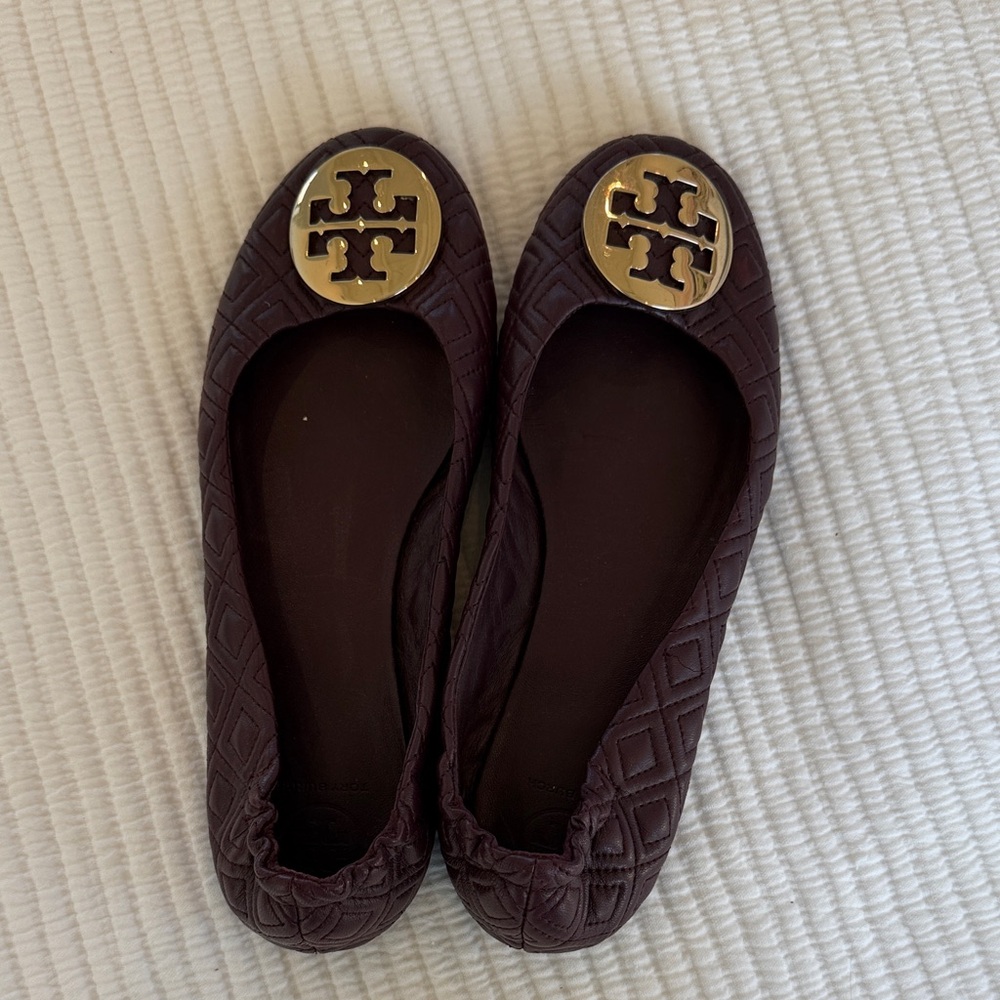 Tory Burch Quilted Reva Ballet Flats, Burgundy with Gold Logo, Size 9